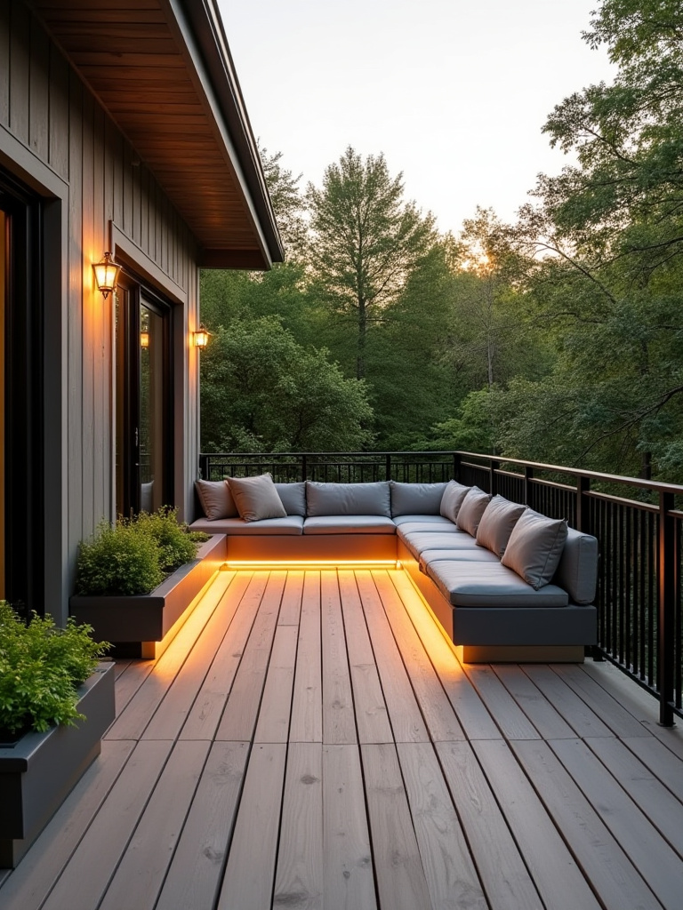 Modern deck featuring L-shaped built-in bench seating with hidden storage and an integrated planter, demonstrating smart space utilization and stylish design. Built-in deck features.