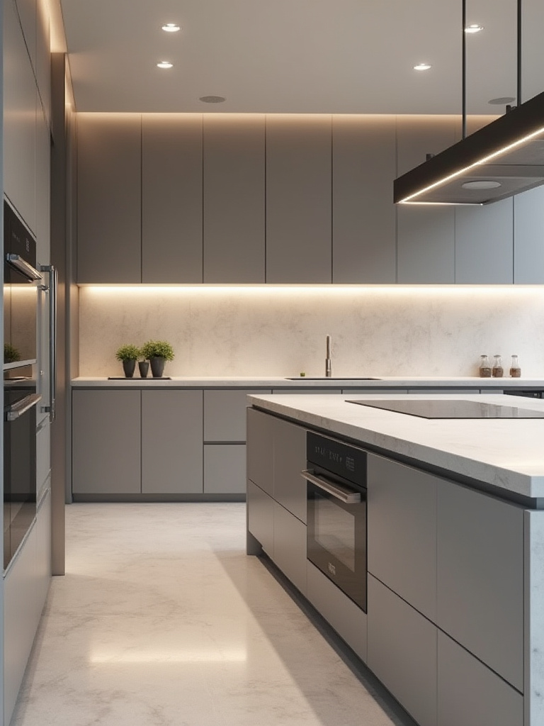 Sleek modern kitchen featuring integrated smart home technology, including a flush-mounted smart display on a kitchen island and automated under-cabinet lighting, showcasing automated convenience.