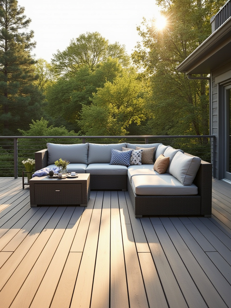 Modern deck with integrated smart storage benches and a coffee table with hidden compartments, showcasing an organized and clutter-free outdoor living space.