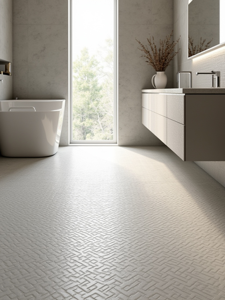 Bathroom floor with deeply textured gray porcelain tiles, showcasing slip resistance and visual depth in soft natural light.