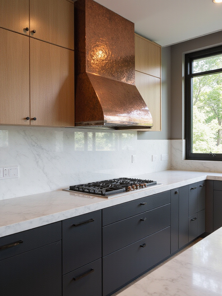 A modern kitchen featuring a prominent, custom hand-forged copper range hood with hammered details above a sleek island, showcasing bespoke artisan fixtures.