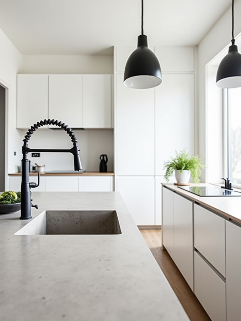 Modern Scandinavian kitchen featuring white flat-panel cabinets, light wood flooring, and impactful matte black faucet, cabinet pulls, and pendant lights, creating strong visual contrast and depth.