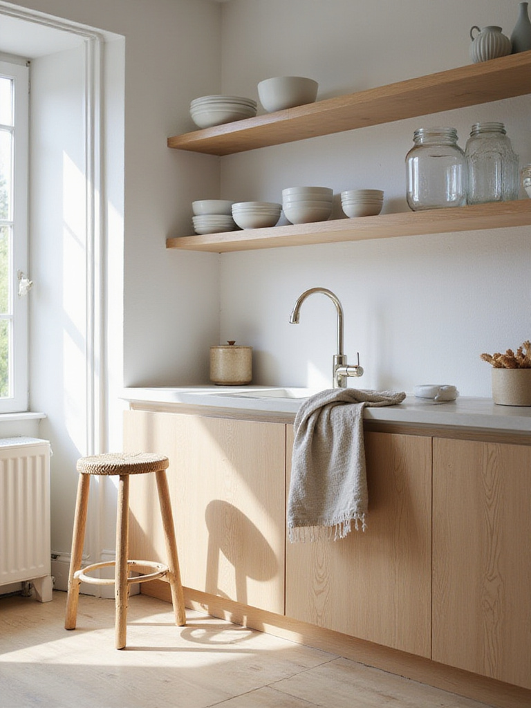 Scandinavian kitchen with light oak cabinetry, matte ceramics, ribbed glass, and linen textures enhancing visual depth.