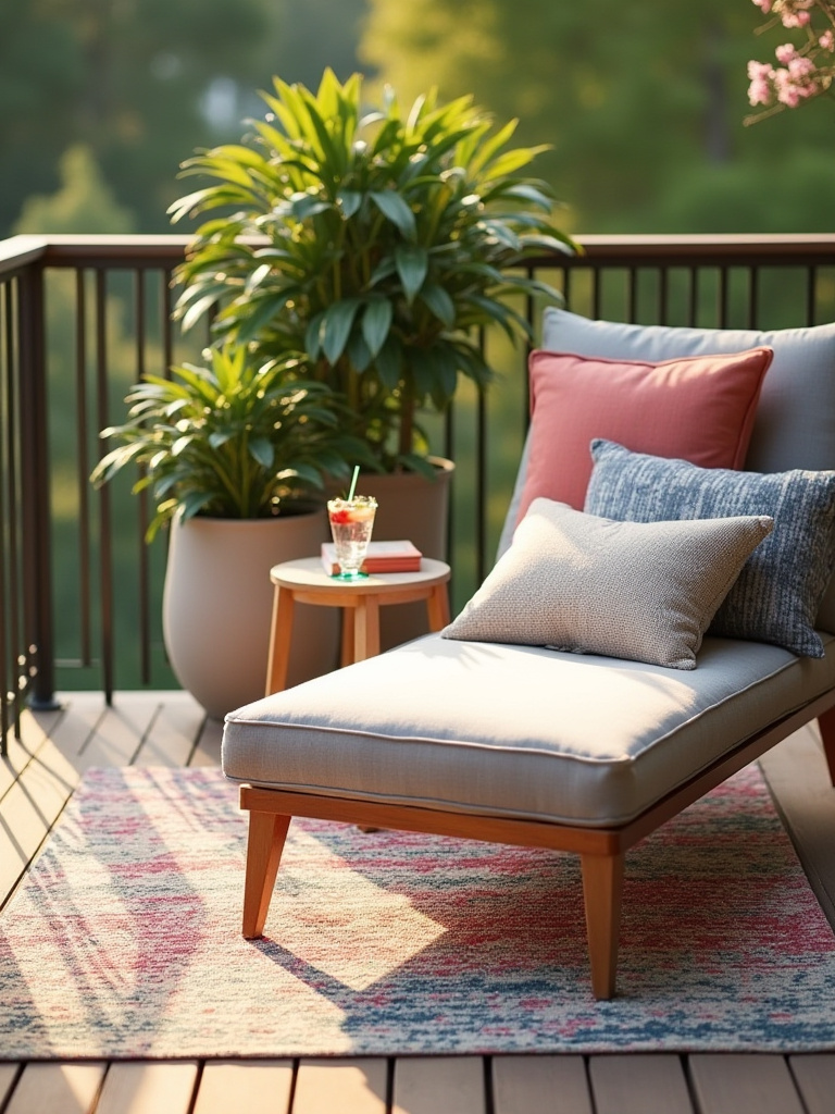 A cozy deck corner featuring a colorful weatherproof outdoor rug under a lounge chair with plush throw pillows, showcasing vibrant textures and comfortable outdoor living.
