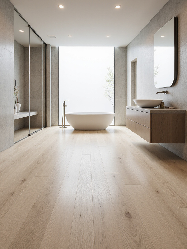 Elegant bathroom featuring light oak wood-grain Luxury Vinyl Plank (LVP) flooring, showcasing its durable and stylish design.