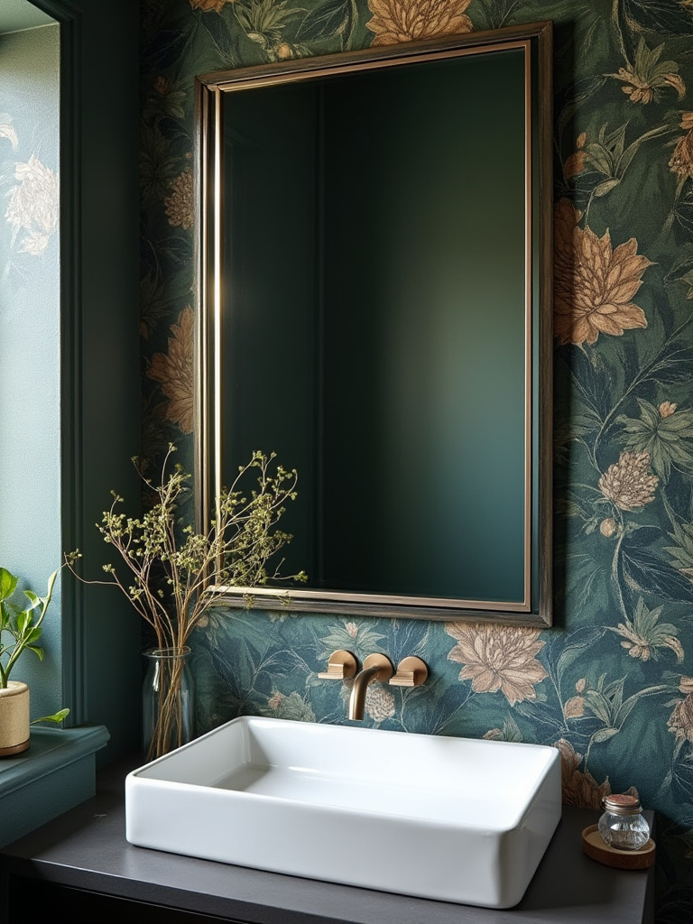 A rectangular mirror with a metallic frame layered over dark botanical wallpaper in a contemporary bathroom, showcasing depth and visual interest.