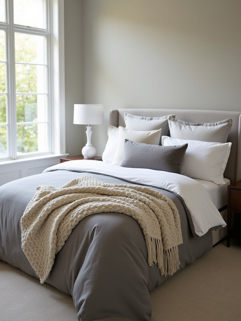 Beautifully layered luxury bedding in a master bedroom, featuring high-thread-count sheets, a linen duvet, chunky knit throw, and velvet pillows in a sophisticated color palette.