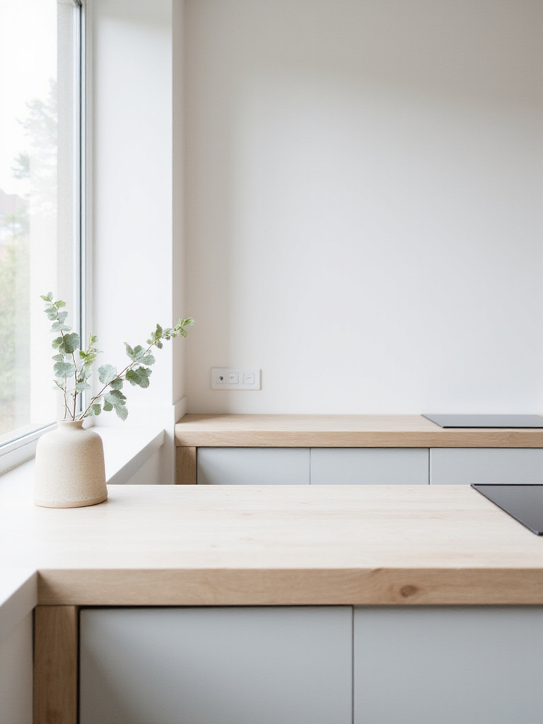 A spotless Scandinavian kitchen countertop with minimalist decor, demonstrating daily tidying routines for a clutter-free look. White walls, light wood cabinets, and bright natural light create a serene environment.