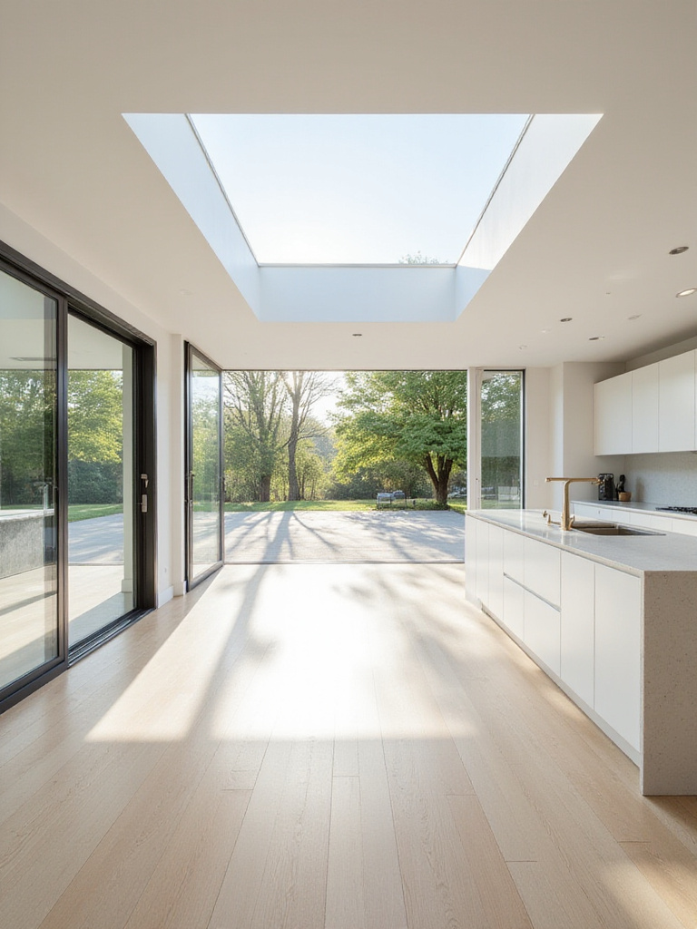 Modern kitchen with large windows and a skylight, filled with natural light, showing light-colored cabinetry and an inviting atmosphere.