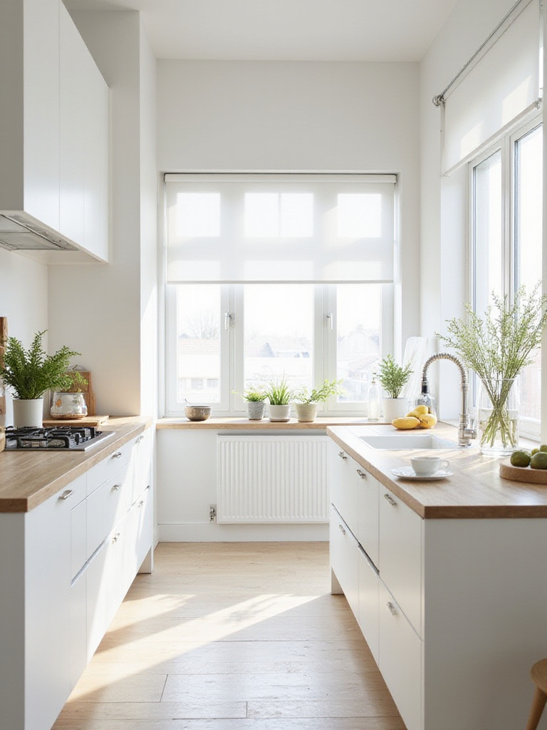 Scandinavian kitchen with minimalistic white roller blinds, allowing abundant natural light to flood the pristine, airy space, embodying Nordic design.