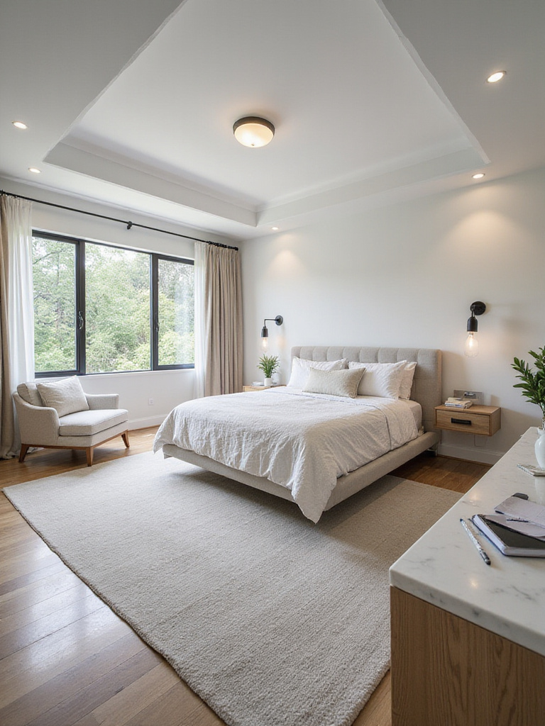 Master bedroom designed with optimal space planning, featuring clear pathways, distinct functional zones, and harmonious furniture arrangement for improved flow and functionality.