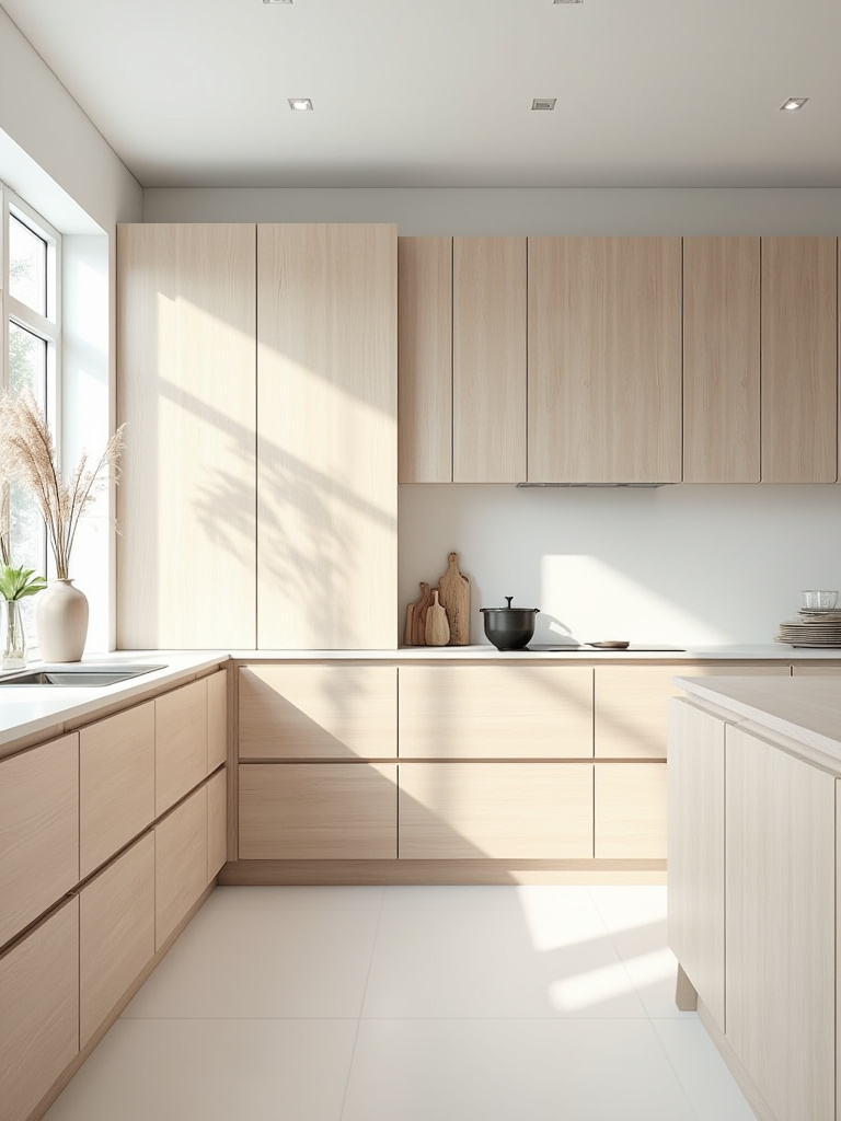 Scandinavian kitchen with light-toned wooden cabinetry, clean lines, and minimal hardware, brightly lit.