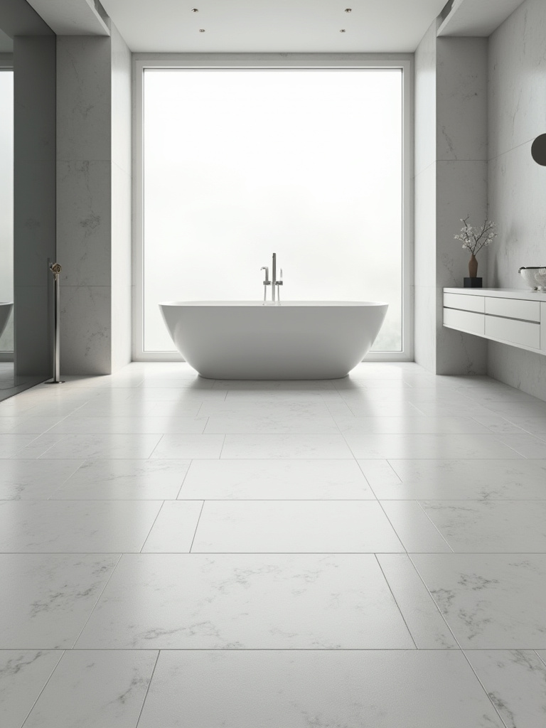 A luxurious bathroom floor featuring large format light gray porcelain tiles, demonstrating excellent water resistance with beads of water on the surface, showcasing modern and durable design.