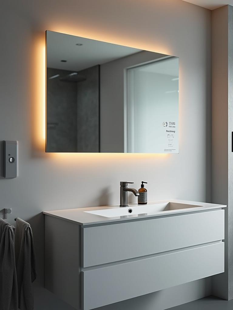 Modern bathroom featuring a sleek smart mirror with subtle integrated digital displays, enhancing both functionality and contemporary design.