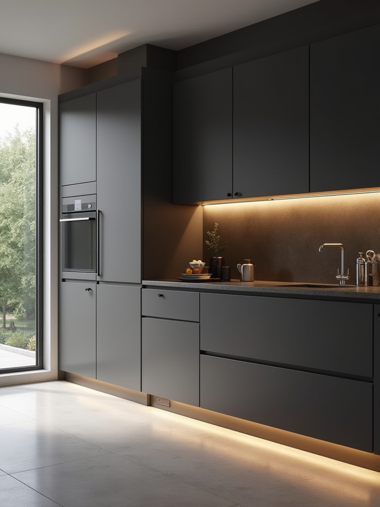 Modern kitchen with dark grey handleless cabinetry, integrated J-pull profiles, and undercabinet LED lighting.