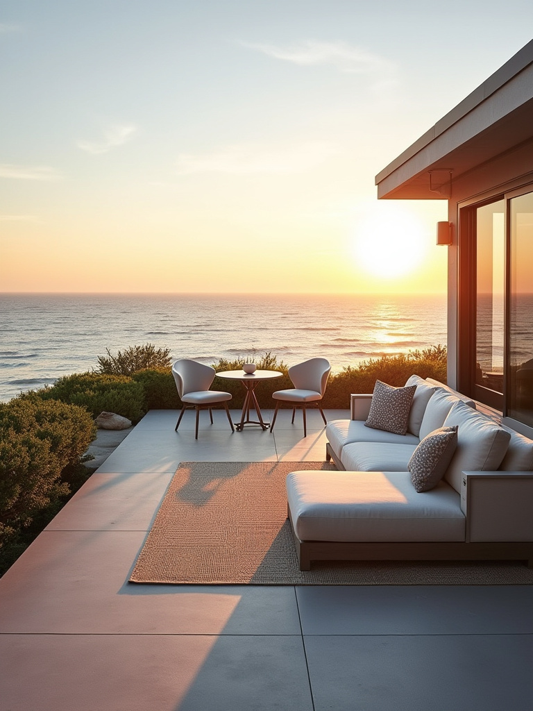 A modern deck setup featuring a linear modular sofa facing the ocean view and a small bistro set in a corner, showcasing optimized furniture placement for clear pathways and maximized scenic beauty.