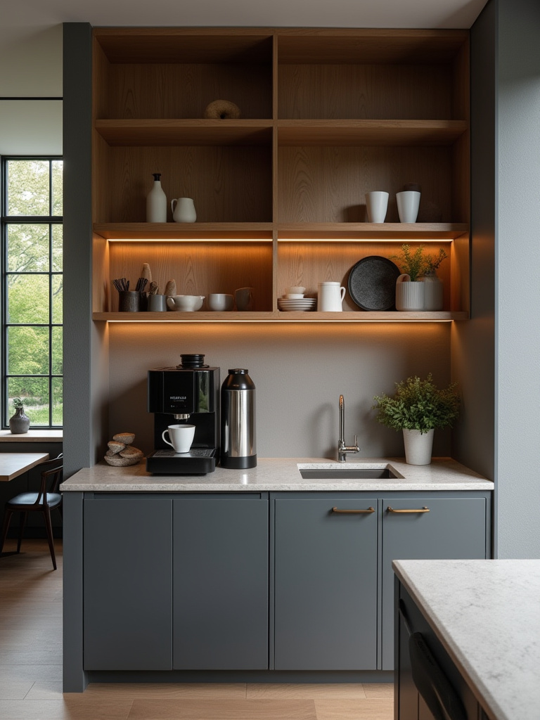 Sleek modern coffee bar in a contemporary kitchen with an espresso machine and integrated sink.