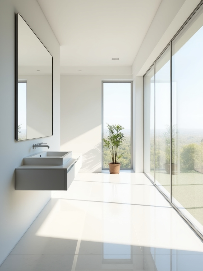 Modern bathroom with large mirror reflecting natural light from a window, making the space appear brighter and larger.