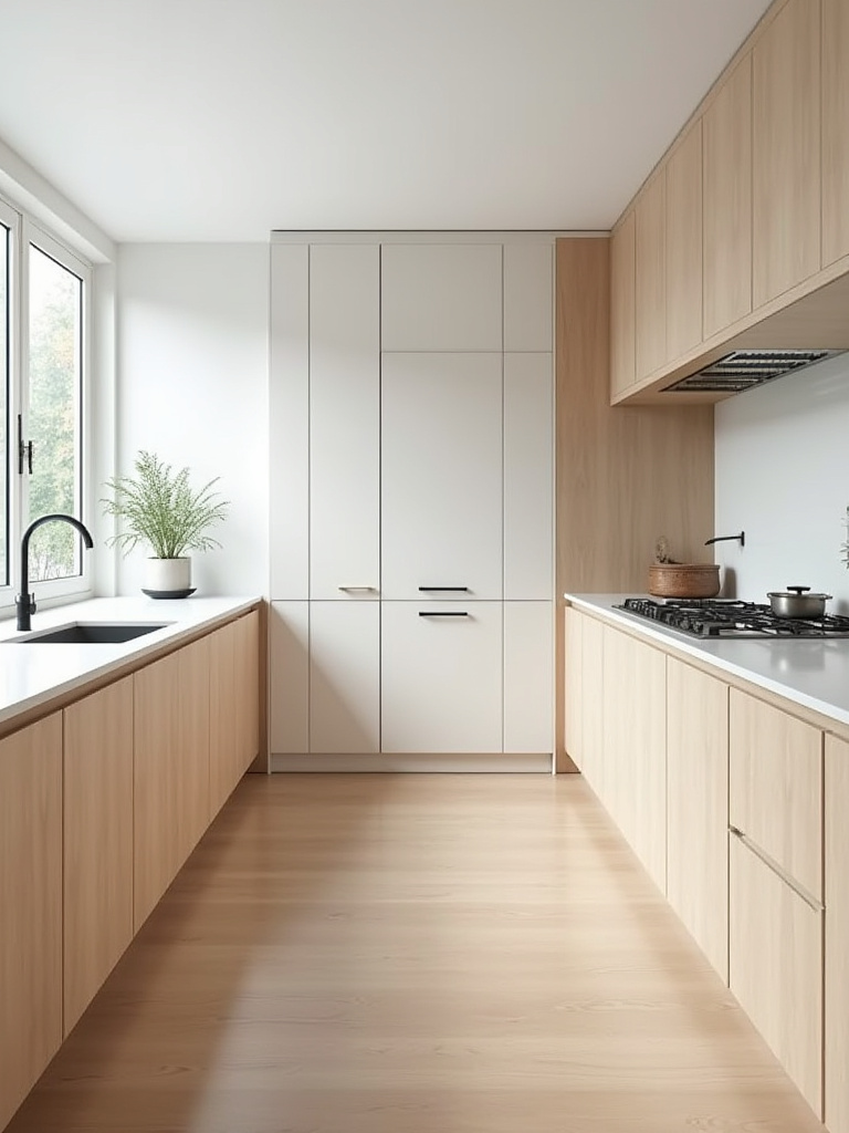 A perfectly organized Scandinavian kitchen with clean lines, light wood cabinets, white countertops, and ergonomic features like easily accessible pull-out drawers and clear, uncluttered work zones, designed for comfortable cooking.