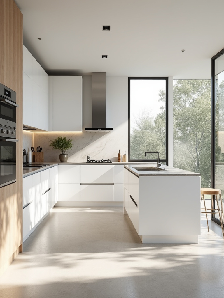 Portrait view of a modern kitchen with an optimized, functional layout, clean design, integrated appliances, and light wood and white cabinetry.