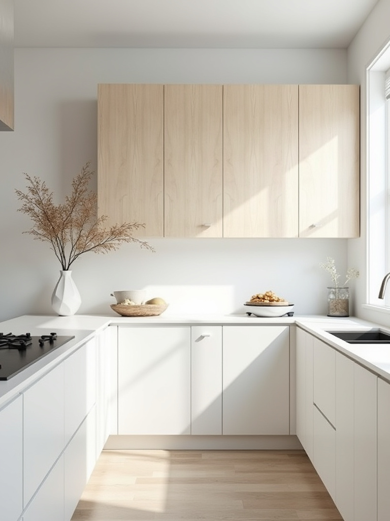 Minimalist Scandinavian kitchen with off-white walls, light wood cabinets, and light gray concrete countertop, reflecting abundant natural light and showcasing a neutral color palette, emphasizing spaciousness.