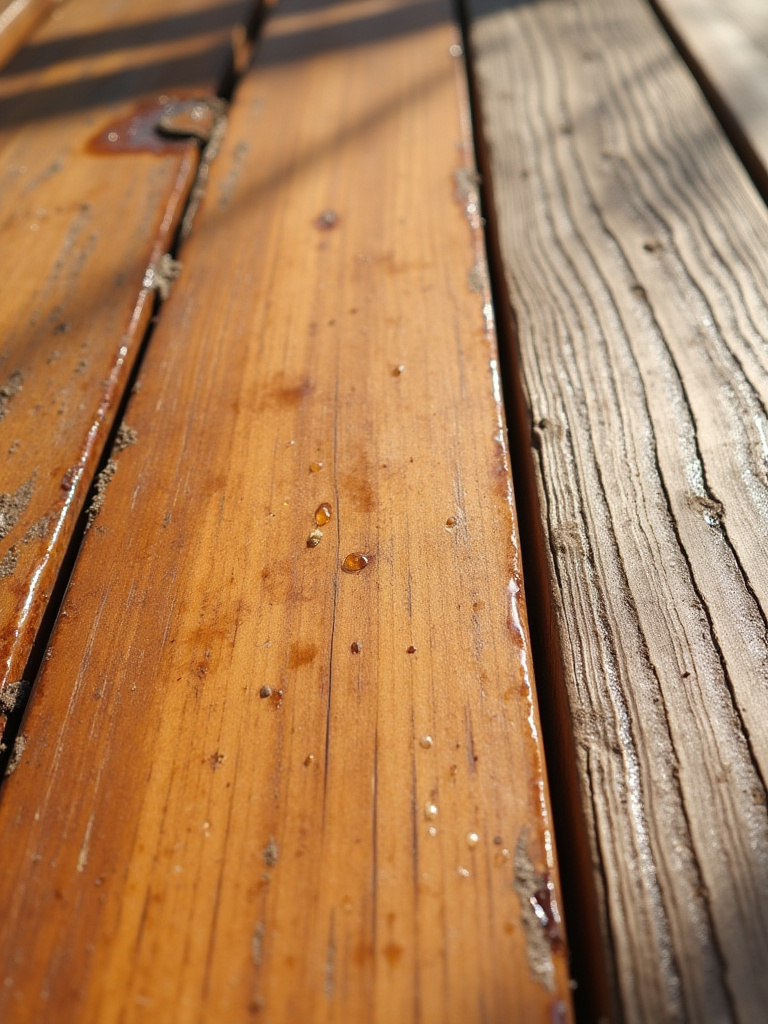 A wooden deck surface showcasing a section freshly sealed, appearing vibrant and protected, next to a weathered, unsealed section. Illustrates the importance of deck cleaning and sealing.