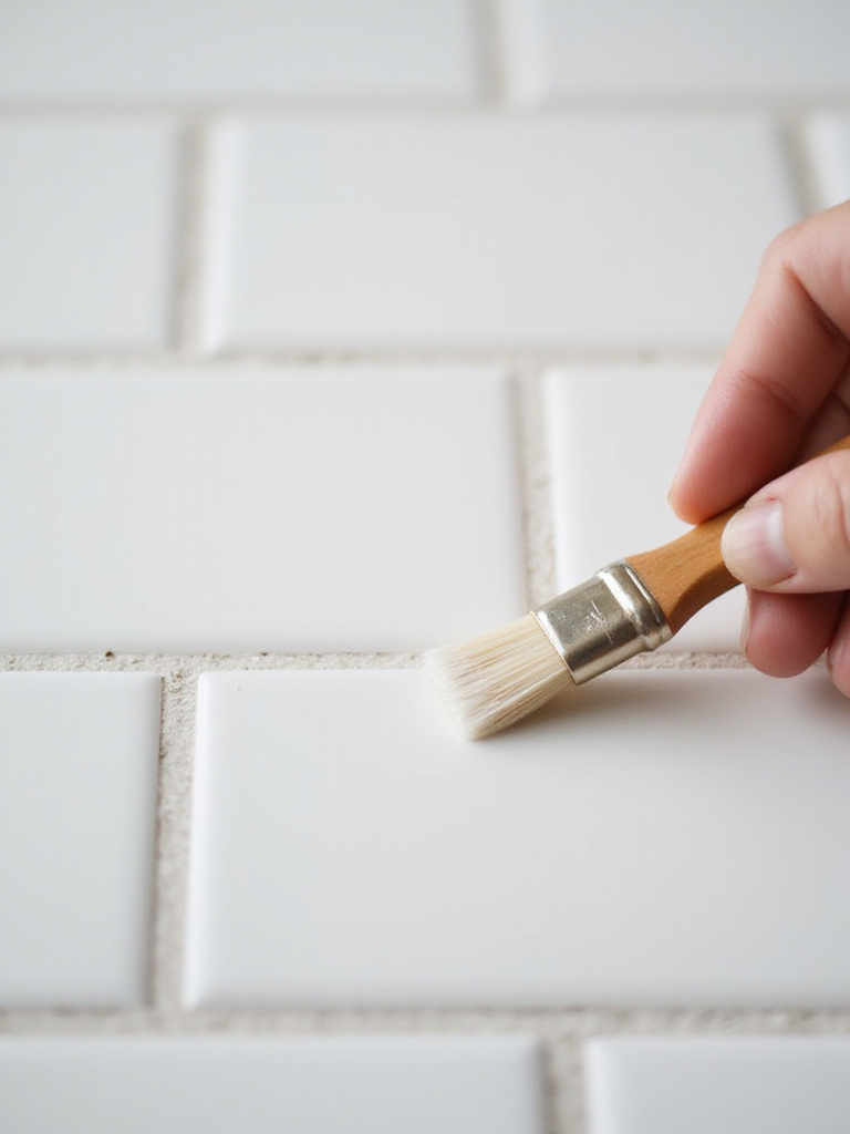 Close-up of sparkling clean bathroom tile grout lines being sealed with a brush to prevent moisture.