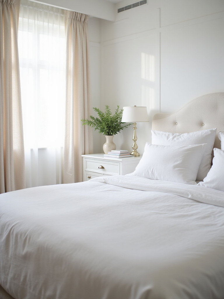 Clean, serene master bedroom with crisp white linens and decluttered nightstand, illustrating regular refresh cycles and inviting ambiance.