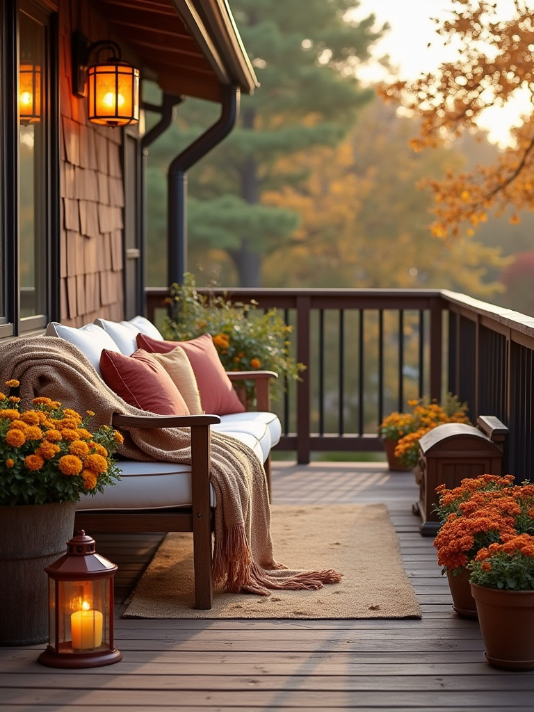 Autumn-themed deck decor with plaid throws, amber lanterns, and mums, highlighting seasonal deck decorating.