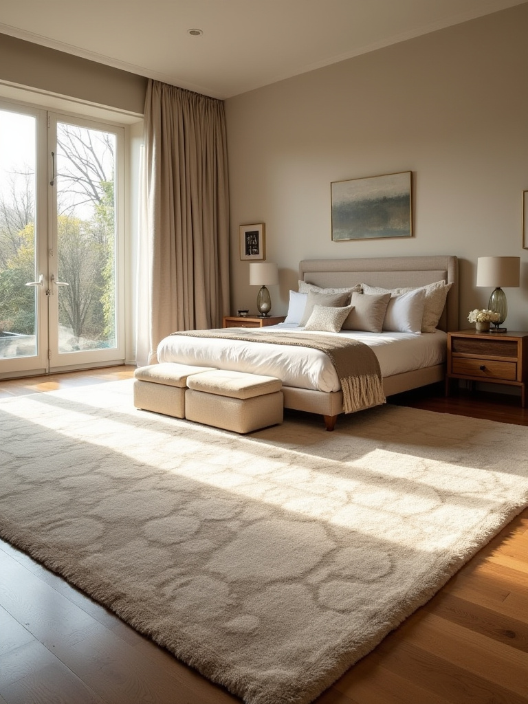 Oversized neutral wool rug anchoring a king-size bed and nightstands in a modern master bedroom, providing warmth and defining the sleeping area.