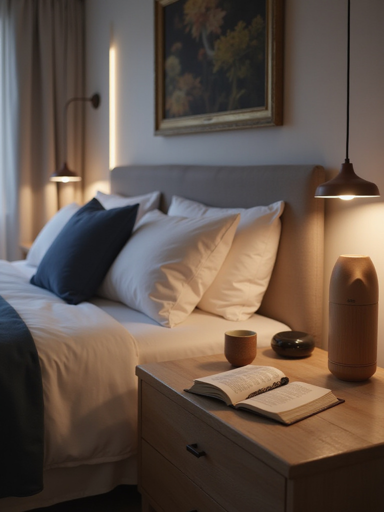 An elegant essential oil diffuser and a subtle sound machine on a nightstand in a luxurious master bedroom, bathed in soft ambient light, designed to enhance sensory relaxation and sleep.