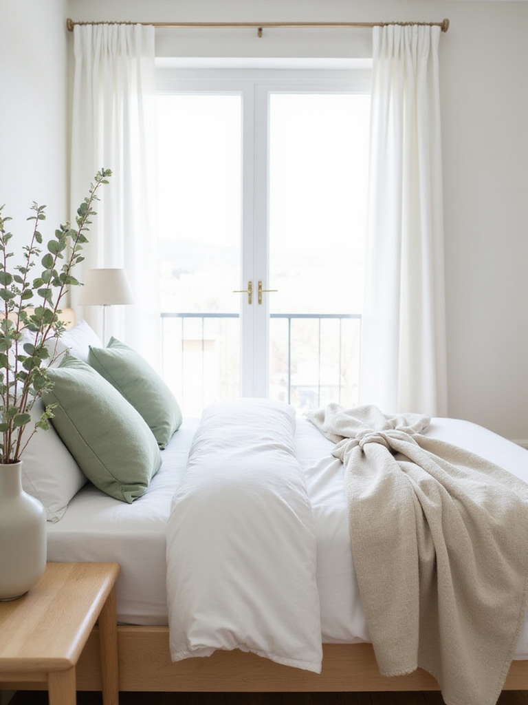 A serene master bedroom decorated with light linen bedding, pastel accents, and fresh eucalyptus, showcasing a neutral base perfect for seasonal master bedroom decor transitions.