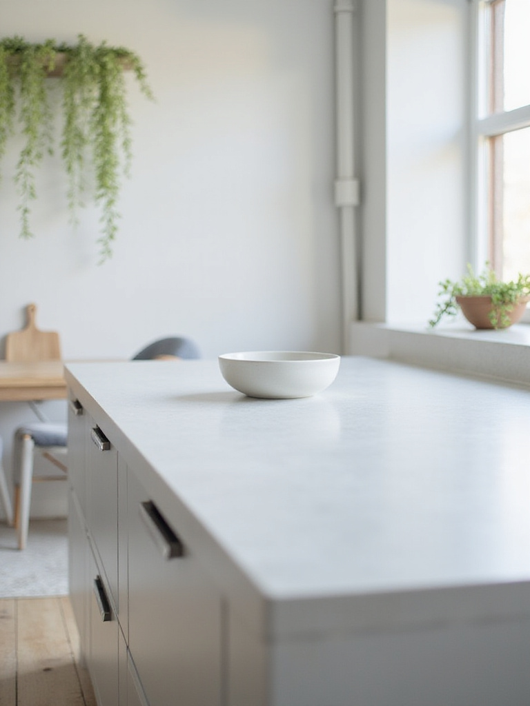 Close-up of a bright, minimalist Scandinavian kitchen featuring a smooth, light grey matte quartz countertop, uncluttered and reflecting natural light.