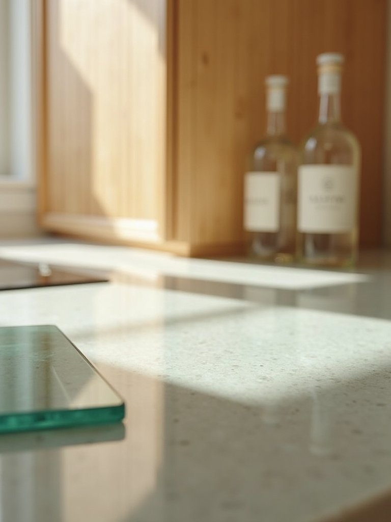 A close-up of a modern kitchen featuring recycled glass countertops and reclaimed wood cabinetry, illustrating eco-friendly design.
