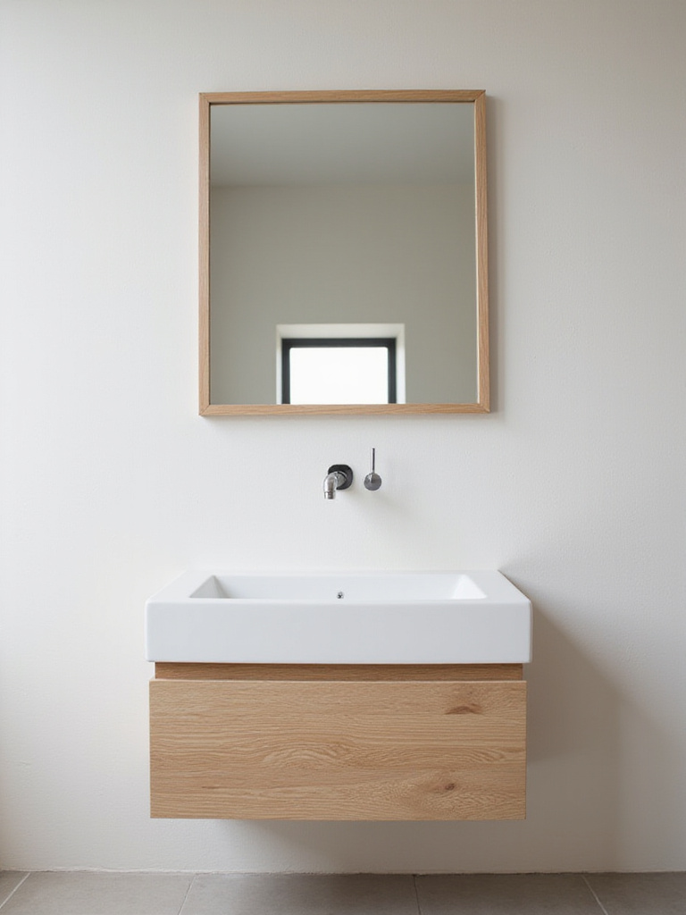 Modern bathroom featuring a light oak floating vanity with a perfectly matched wooden-framed mirror above, demonstrating cohesive design principles.
