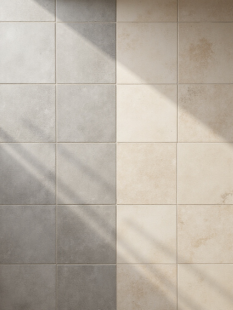 Bathroom floor showing a comparison of two grout colors: dark gray grout contrasting with beige porcelain tiles and beige grout seamlessly blending with beige porcelain tiles.