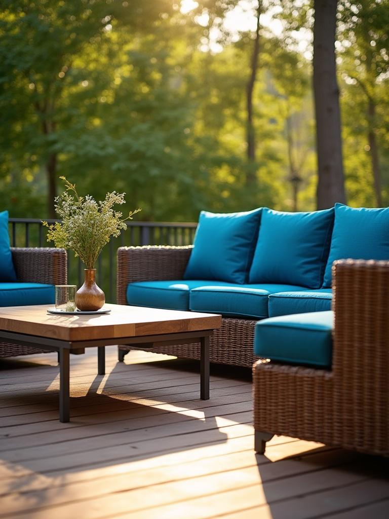 Elegant grey powder-coated aluminum chairs, natural teak wood coffee table, and brown HDPE wicker sectional with blue Sunbrella cushions on a modern composite deck, illustrating weather-resistant furniture.