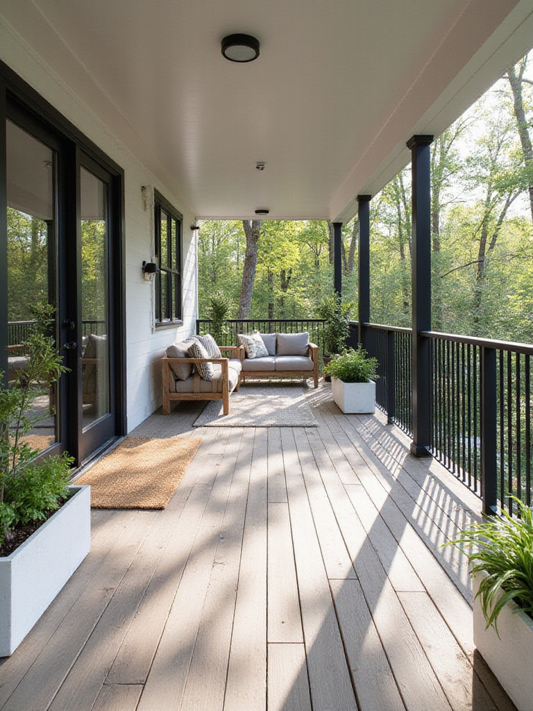 A modern farmhouse style deck showcasing cohesive design with distressed teak outdoor furniture and matte black railings, reflecting the indoor aesthetic and creating a seamless indoor-outdoor transition.