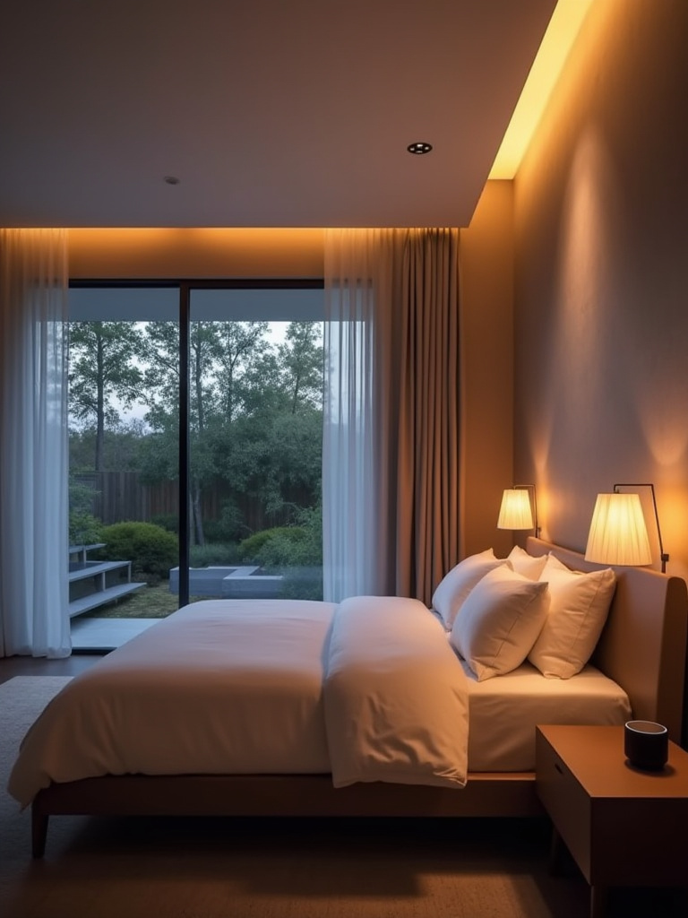 Modern master bedroom featuring subtle smart home integration, with ambient smart lighting, automated blinds, and a smart speaker for enhanced comfort and convenience.