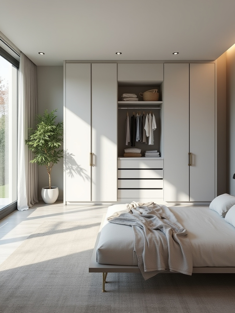 A master bedroom featuring smart, integrated storage solutions, including a built-in wardrobe and a platform bed with hidden drawers, creating a calm and decluttered visual environment.
