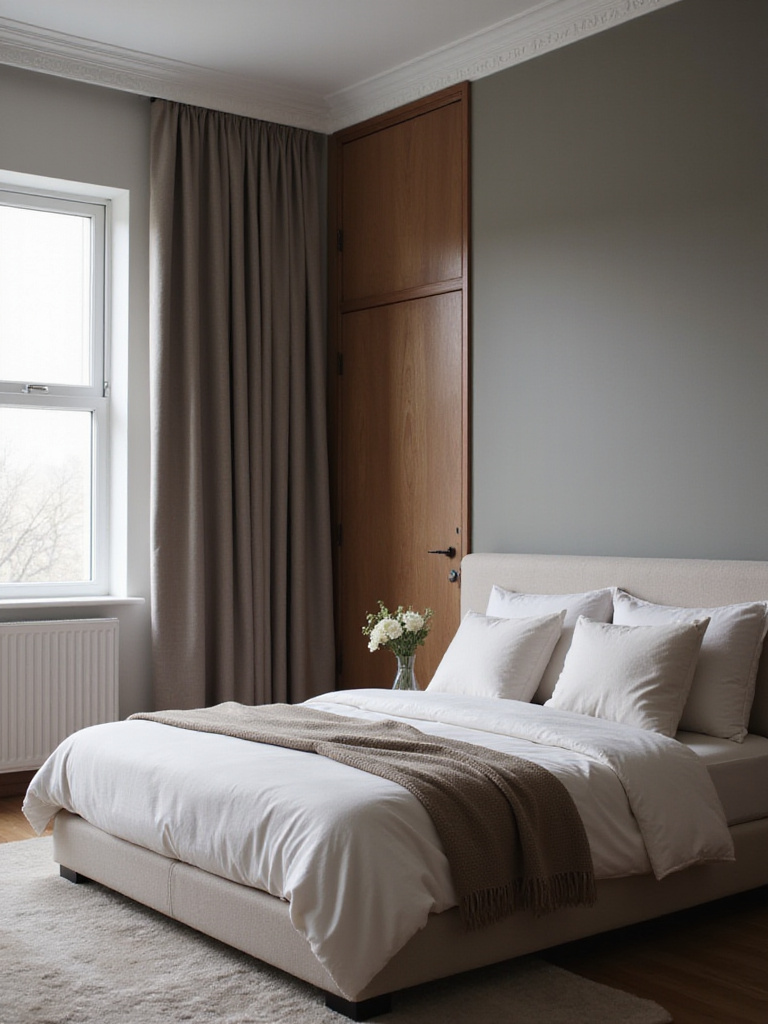 A tranquil master bedroom featuring soundproofing elements like thick blackout curtains, a plush area rug, and a solid-core door for a restful, quiet environment.
