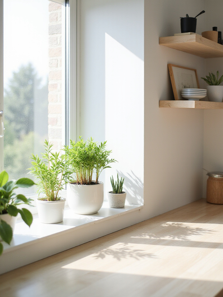 Portrait shot of live plants, Pothos and Snake Plant, in white ceramic pots on a floating shelf and countertop in a bright Scandinavian kitchen, enhancing the minimalist decor with green and organic texture.