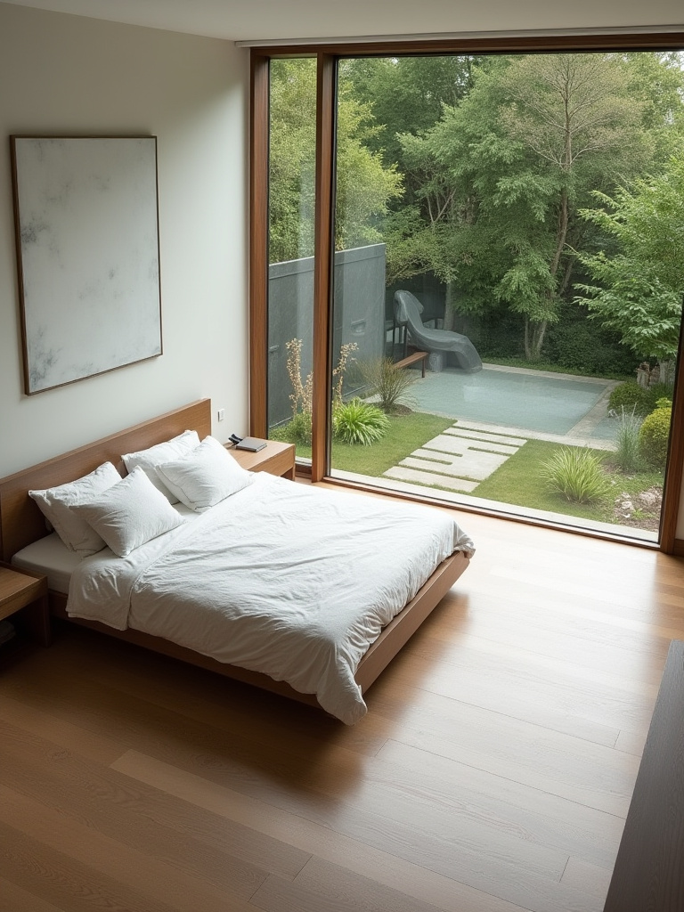 Master bedroom interior with thoughtful furniture placement, clear walkways around the bed and dresser, and an unobstructed view of nature from a large window. The room feels spacious and inviting, emphasizing optimal flow.