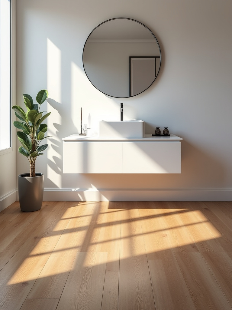 Warm-toned engineered wood flooring beautifully laid in a pristine powder room, featuring a white floating vanity and a round mirror, suggesting its suitability for low-moisture bathroom environments.
