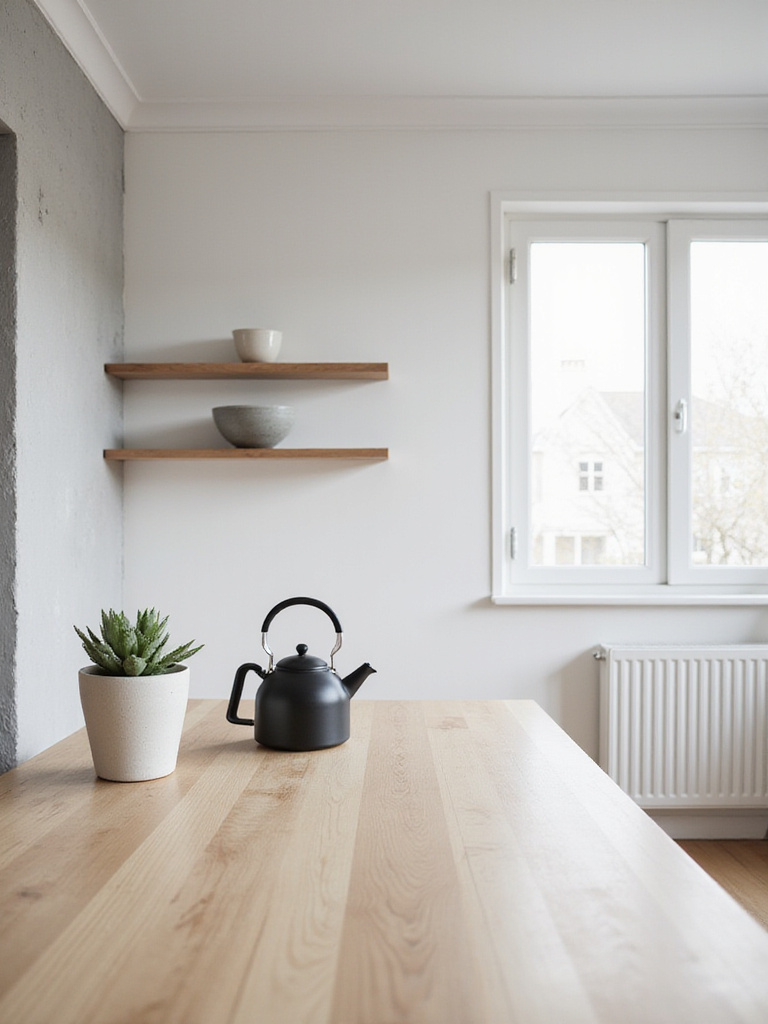 A minimalist Scandinavian kitchen counter with only a few essential items, showcasing a clutter-free and serene design, embodying the 'less is more' principle.