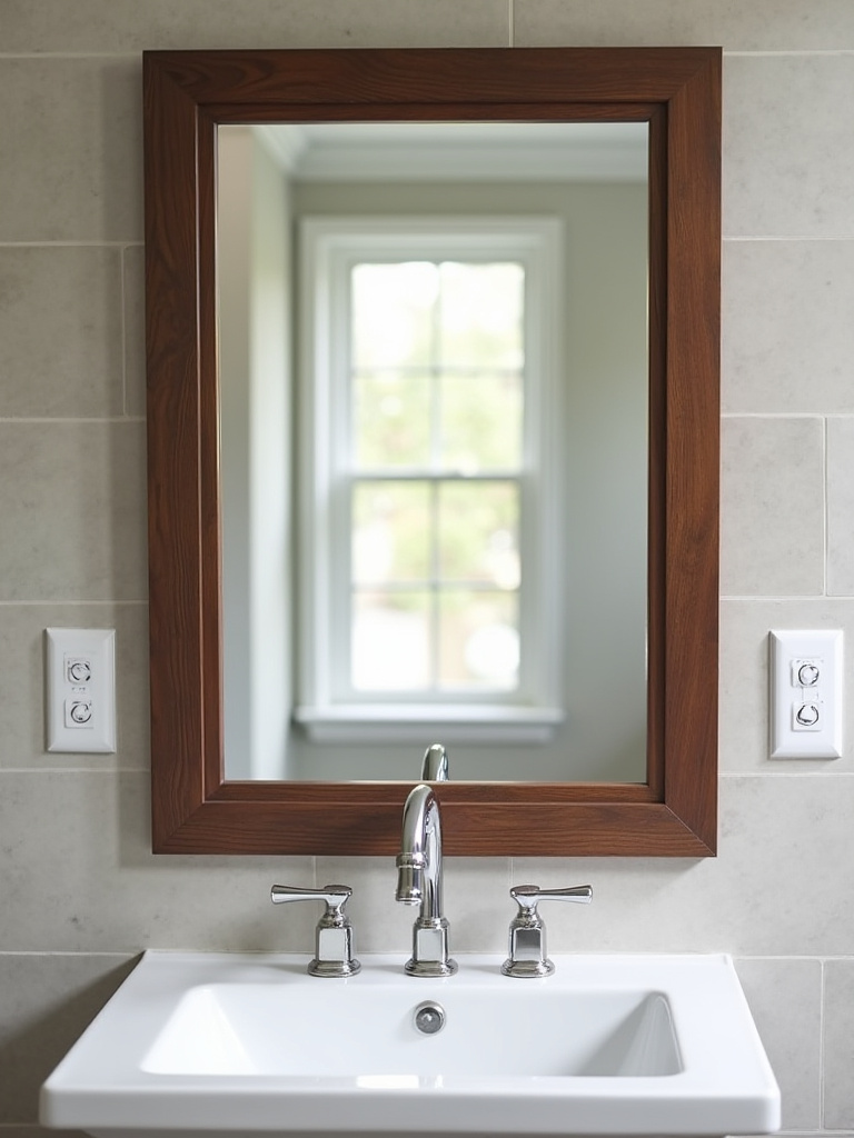 Close-up of a DIY framed bathroom mirror with a modern dark wood frame, reflecting a chic vanity.