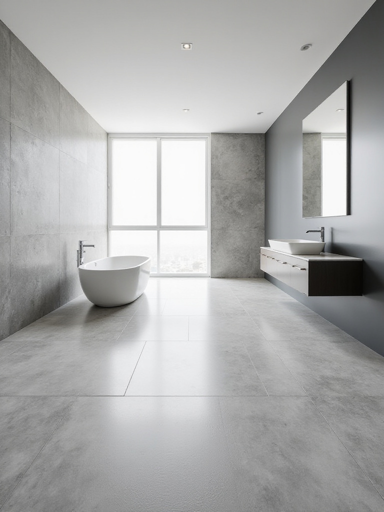 Modern bathroom featuring light grey large format polished porcelain tiles on the floor and accent wall, creating a seamless and expansive aesthetic around a freestanding tub.