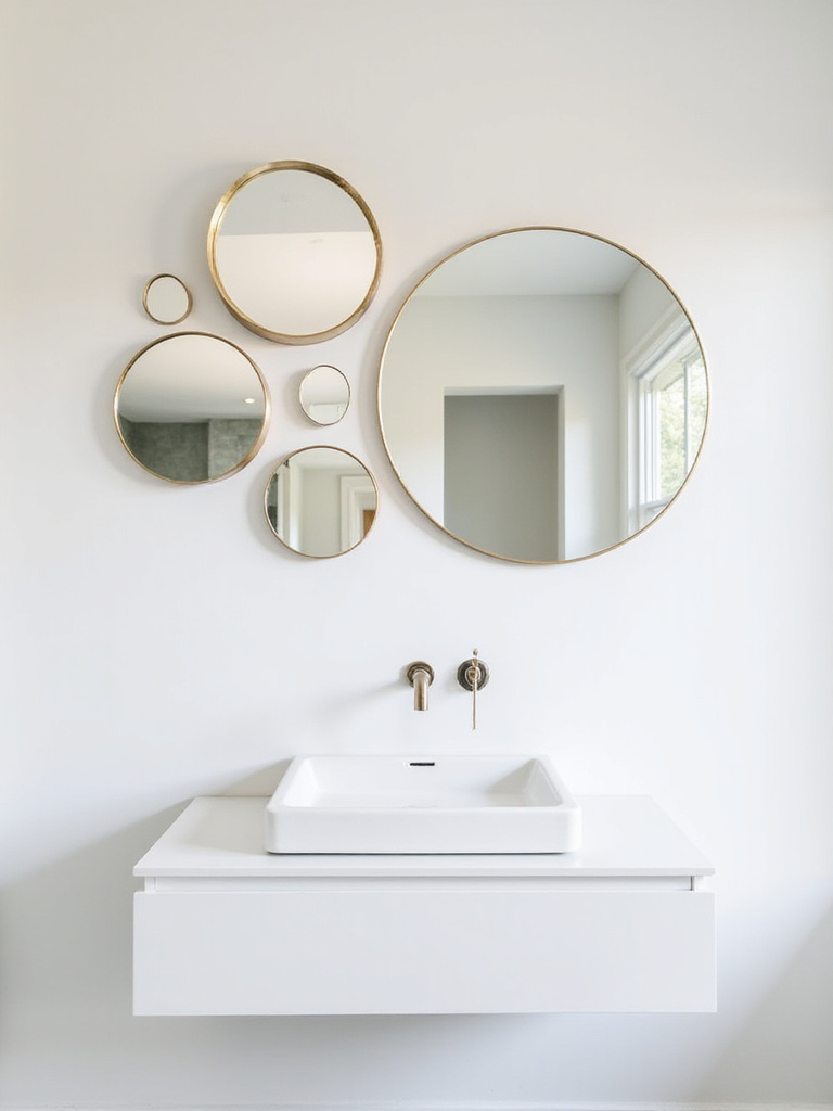 Modern bathroom interior featuring a decorative gallery wall composed of multiple smaller mirrors with diverse elegant frames arranged above a sleek floating vanity.