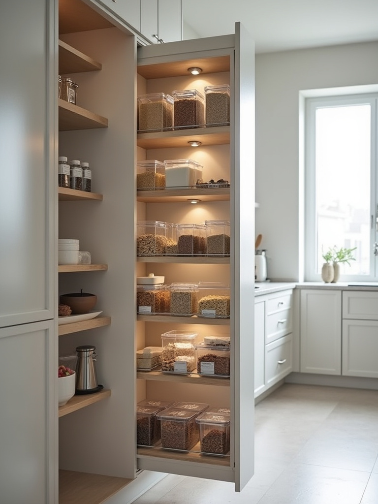 Modern kitchen with an open pull-out pantry, neatly organized with custom shelving and clear containers, showcasing smart storage solutions for decluttering and organization.
