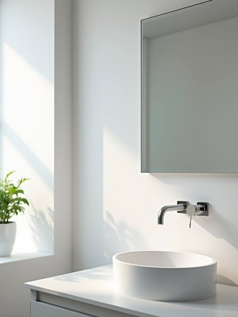 Modern bathroom with a stylish tilting mirror above a white vanity, angled slightly downwards, showcasing its adjustable feature and sleek design.
